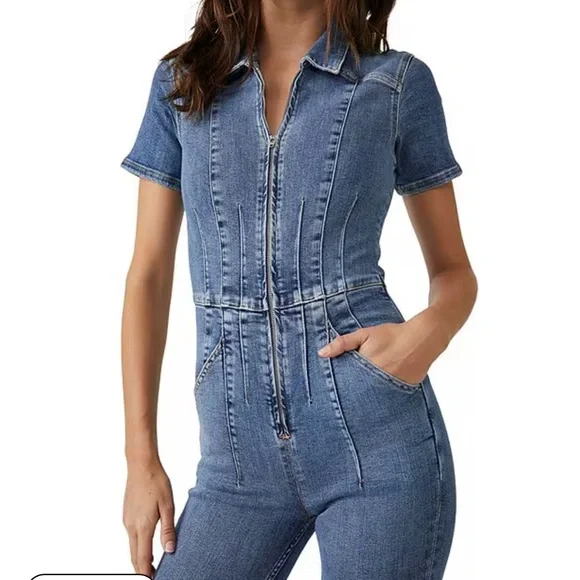 Free People Jayde point collar short sleeve flared leg flight suit sz S - Picture 6 of 10